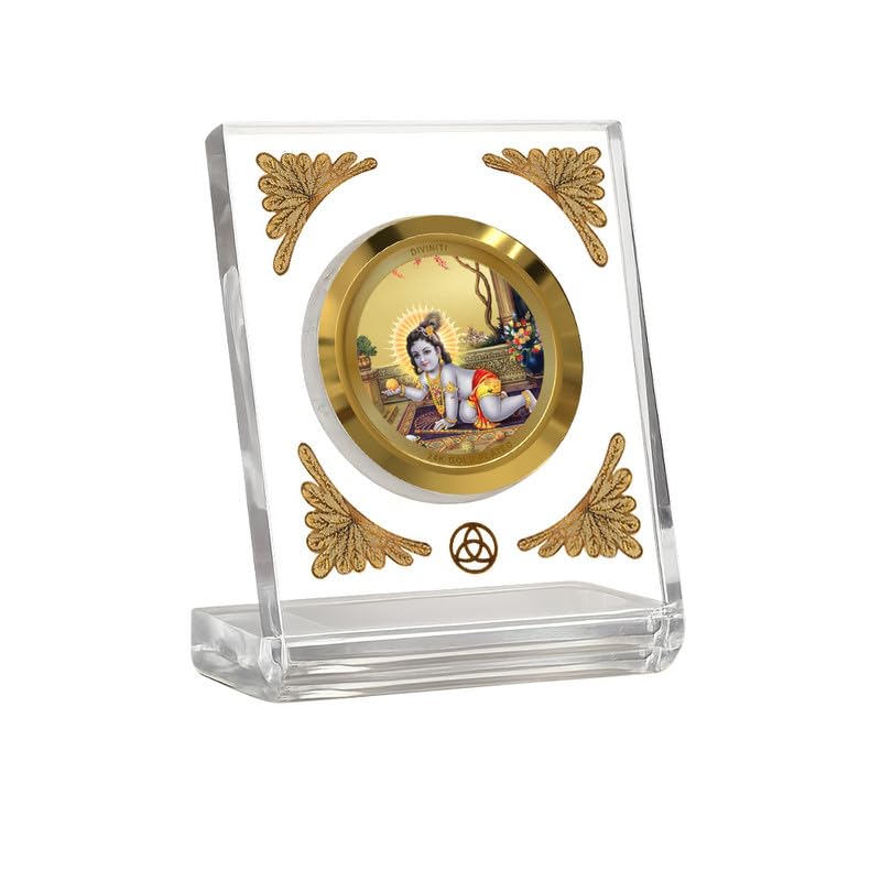 Image of DIVINITI 24K Gold Plated Lord Laddu Gopal Acrylic Frame for Car Dashboard, Home Temple & Office Table | Premium Spiritual Gift, Blessings for Protection & Positivity, 8x7 cm Decorative Showpiece