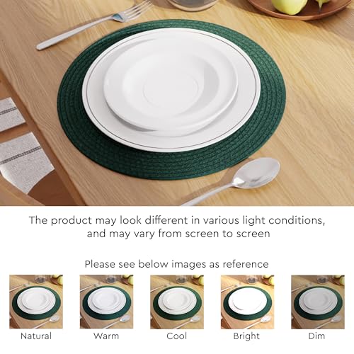 Image of Dining Table Mats Set of 4 | Cotton Table Mat 32 cm Diameter, Encasa XO Washable Round Table Mats, Heat Resistance Dining Table Placemats, Handmade Ribbed Style for Centre Table, Dark Green