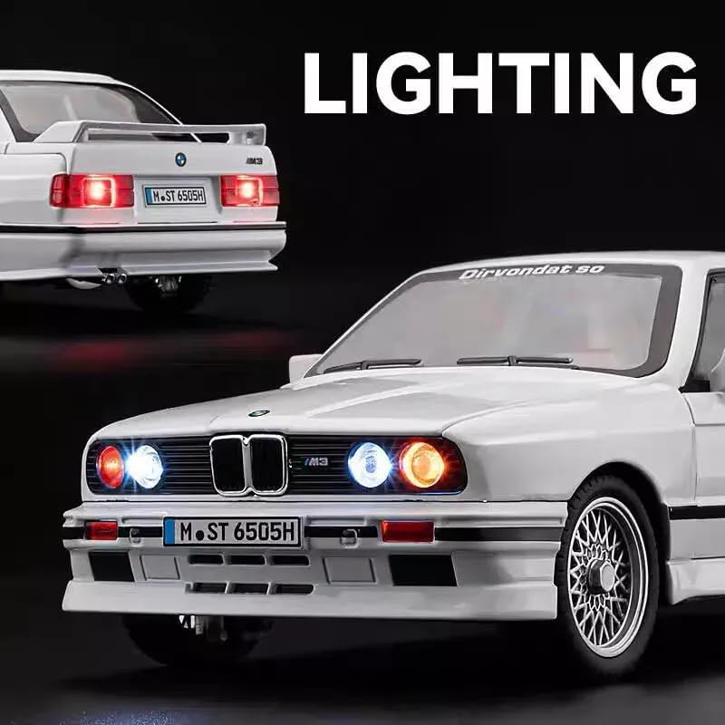 Image of WORSHIPER Big size1:24 B-M-W M3 E30 1988 1:24 diecast Metal Pullback Toy car with openable Doors & Light, Music Boys car for Kids Best Toys Gifts Toys for Kids (1:24 B-M-W M3 E30 -White)