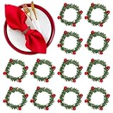 Christmas Napkin Rings, 12 Pcs Holly Berry Napkin Holder Bulk, Wreath Design, for Xmas Thanksgiving Table Decorations