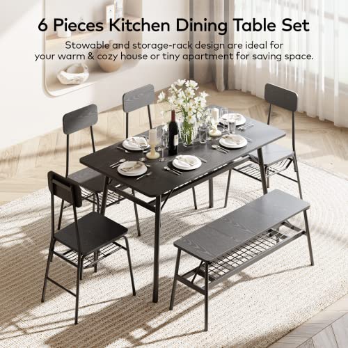Gizoon 46'' Rectangular Dining Table Set For 6, 6-Piece Modern Dining Set For Home, Apt, 4 Chairs, Bench, Kitchen Dining Room Set W/Storage Rack For Family, Small Space, Saving Space-Black #TOP3