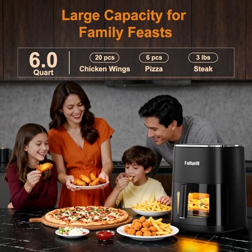 Image of Fullwill Air Fryer with Viewing Window 6QT,12 Cooking Presets,AirFry,Roast,Bake,Reheat,Dehydrate, 1700W Fast Even Heating, Max 400F, Nonstick Basket Dishwasher Safe,for Families and Party