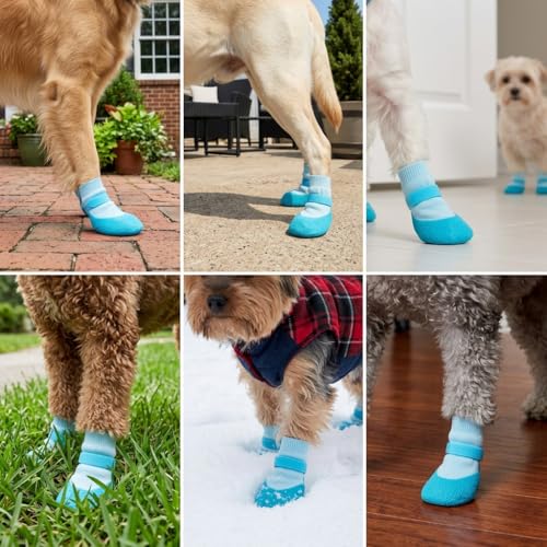 Image of Qpets 4Pcs Non-Slip Dog Socks, Rubber Dog Shoes Waterproof Pet Paw Protector Shoes with Soft Knit Upper & Durable Grip Sole, Adjustable Strap Pet Booties for Dogs Cat Indoor Outdoor Walking M 4-6.5KG