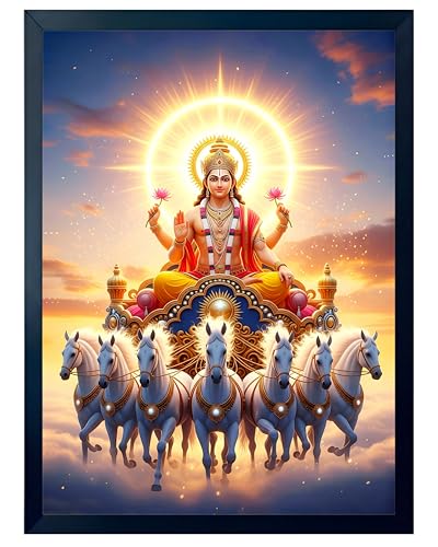 Image of ARTFUL TOY BOX - Surya Dev with Seven (7) Horses Photo Frame Wall Hanging | Divine Solar Chariot Design | Spiritual Surya Dev Painting | Premium Black Fiber Frame | Glossy Finish | Devotional Home Decor - 12x18 Inch (30x45 cm) (Design 1)