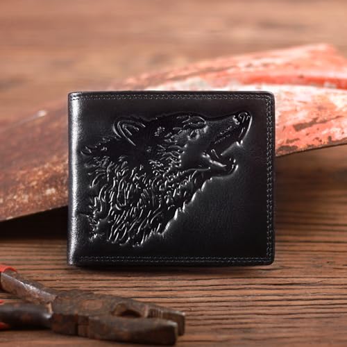 Wolf Large Wallets for Men Genuine Leather Bifold Extra Capacity Rfid Blocking Gifts for Him Husband (black)2