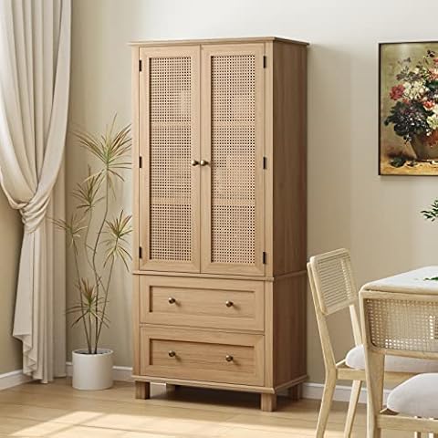 FOTOSOK Kitchen Pantry Storage Cabinet, Tall Storage Cabinet with Rattan Doors and 2 Drawers, Pantry Cabinet with Adjustable Shelf, Utility Pantry for Kitchen, Dining Room,Walnut Cover