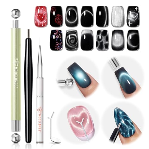 Image of modelones Cateye Gel Polish Nail Magnet Set, 6PCS Cat Eye Magnet Tool with Liner Nail Brush for Gel Swirl Nails Strong Magnetic Nail Art Wand, Glass Bead& French Tip for DIY Nail Lovers