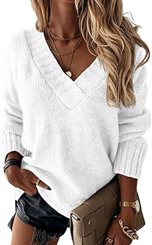 Womens Loose Sweaters Sexy V Neck Long Sleeve Solid Knitted Jumpe...