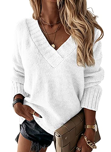 Womens Loose Sweaters Sexy V Neck Long Sleeve Solid Knitted Jumper Pullover Sweatshirt Tops