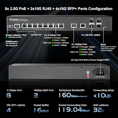 Image of MokerLink 8 Port 2.5 Gigabit PoE Managed Switch, 8x2.5G POE, 2x10G Ethernet, 4x10G SFP+, IEEE8023af /at PoE 120W, Web /CLI L3 Managed, Desktop|Rackmount Network Switch