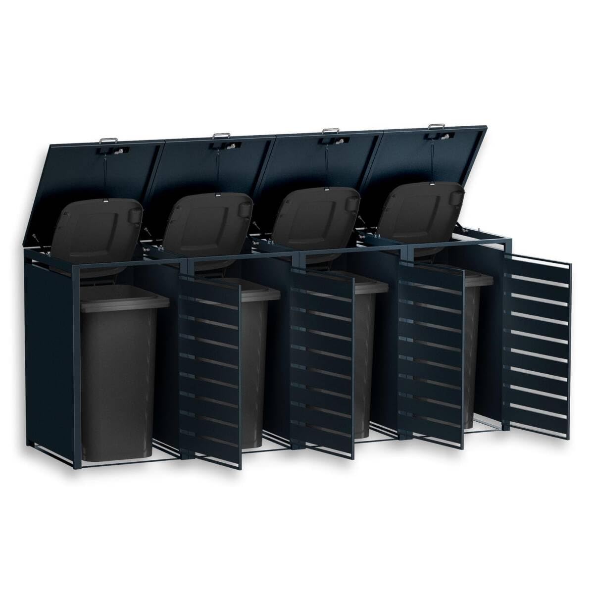 Metzler Mülltonnenbox in Anthrazit & Holzoptik 4er 240L, Mülltonnenverkleidung 4 Tonnen, witterungsbeständiger und pulverbeschichteter Stahl mit Automatikdeckel, Müllbox abschließbar