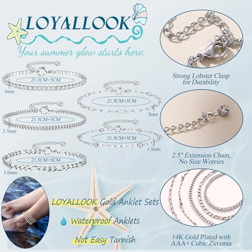 Image of LOYALLOOK Ankle Bracelets for Women Waterproof, 14K Gold Plated Cuban Figaro Link Chain Anklets Non Tarnish, Dainty Layered Anklet Bracelets Adjustable Summer Beach Foot Jewelry