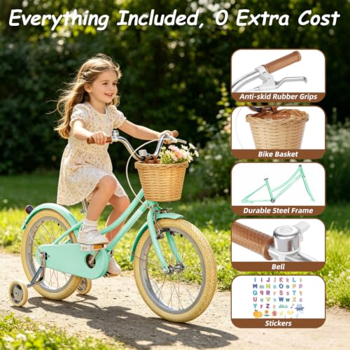Image of Glaf 12 14 16 18 20 24 Inch Girls Bike with Training Wheels /Kickstand Kids Bike for 2-15 Years Old Toddler Girls Bicycle with Basket, Beach Cruiser Girls Bike