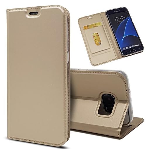Zouzt Fodral kompatibel med Samsung Galaxy S7 edge; PU-läder Ultratunnt fodral med magnetisk stängning/kickstandsfunktion/korthållare för Samsung Galaxy S7 edge,gyllene