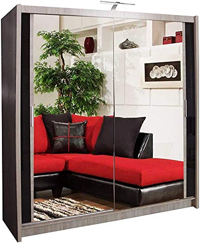 Muebles de dormitorio de la lámpara LED de gran espacio de almacenamiento con dos puertas correderas armario doble corredera de armario,Wood color-150cm