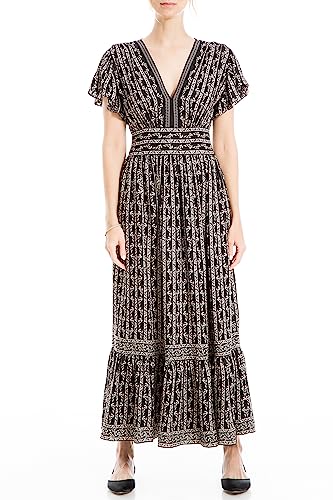 Max Studio Women's Flutter Sleeve Tiered Maxi Dress, Black Tulip Rows at  Amazon Women's Clothing store