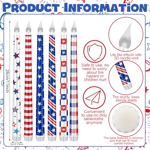 Image of Aurelema 6 Pcs 4th of July LED Flameless Candle Set 250th Anniversary Patriotic Taper Candles Battery Operated with Remote American USA Flag Bow Candles for Independence Day Decor Party Favors