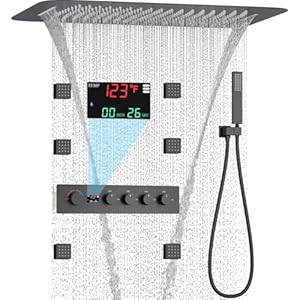 AYIVG Multifunctional Thermostatic Concealed Shower System Matte Black Ceiling Shower Faucet System Brass Shower Faucet Set With Digital Display Shower Valve And Hand Shower And 16 * 24” Shower Head