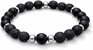 Sukhad Black Lava & Matte Onyx Stone Bracelet for Men | Natural Beaded Stretch Bracelet with Silver Spacers | Elastic Fash... Price In India