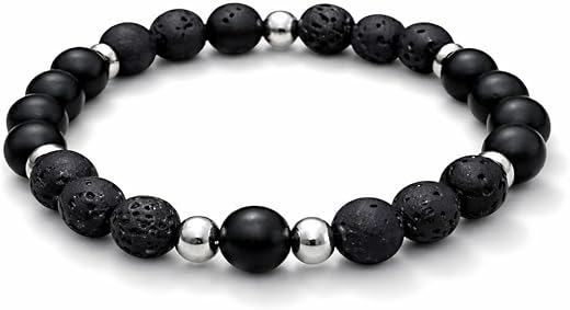 Sukhad Black Lava &amp; Matte Onyx Stone Bracelet for Men | Natural Beaded Stretch Bracelet with Silver Spacers | Elastic Fash...
