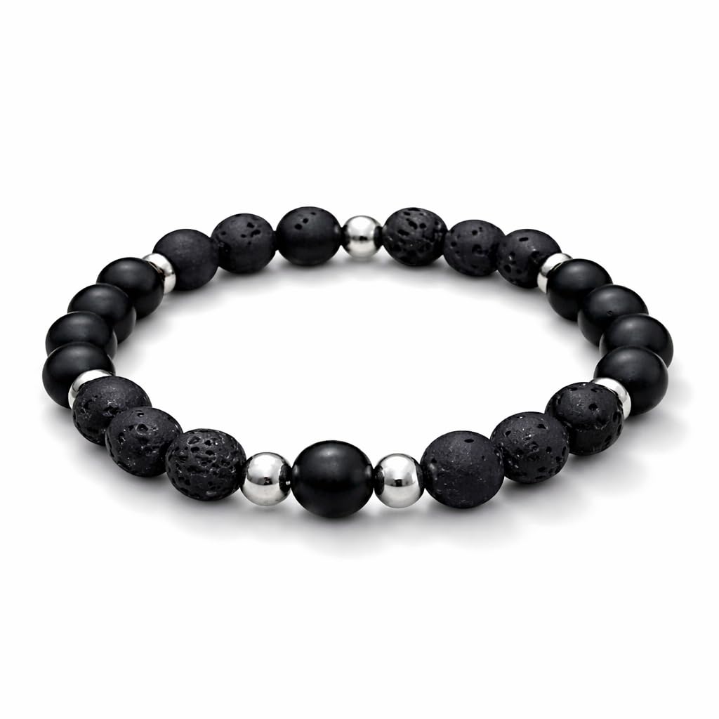 Sukhad Black Lava & Matte Onyx Stone Bracelet for Men | Natural Beaded Stretch Bracelet with Silver Spacers | Elastic Fash... - Review, Price and Buying Guide