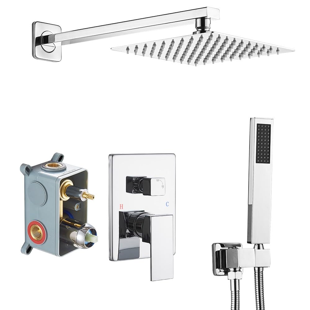 Heable Shower System with High Pressure Rainfall Shower Head, Handheld Shower head and Shower Faucet Trim, Rain Mixer Shower Set Wall Mounted Chrome（Valve Include）