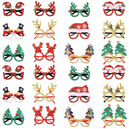 yeesport 24 Paar Weihnachts-Glitzerbrillen, Weihnachtsbrillen mit Weihnachtsmann-, Weihnachtsbaum-, Rentier- und Schneemann-Motiven, Weihnachtsbrillen für Erwachsene und Kinder, Weihnachtsdeko