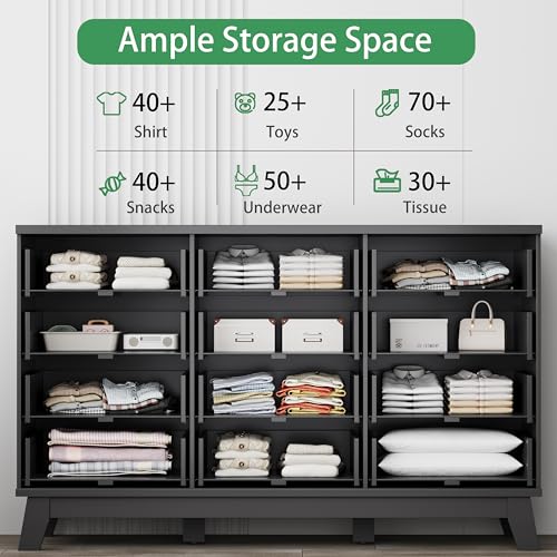 Image of Xixini Fluted Dresser for Bedroom with 12 Drawers, 57 inch Wide Modern Chest of Drawers with Metal Handle, Wooden Dresser TV Stand, Wood Closet Clothes Storage Organizer for Living Room, Hallway, Black