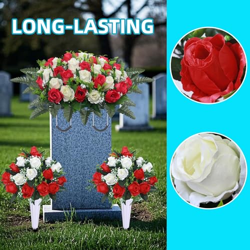 Artificial Cemetery Flower Saddles,Cemetery Memorial Flowers with Vase,Outdoor Grave Saddle Headstone Decorations, Artificial Rose Bouquet Grave Memorial Flowers 3Sets (Red) image 5
