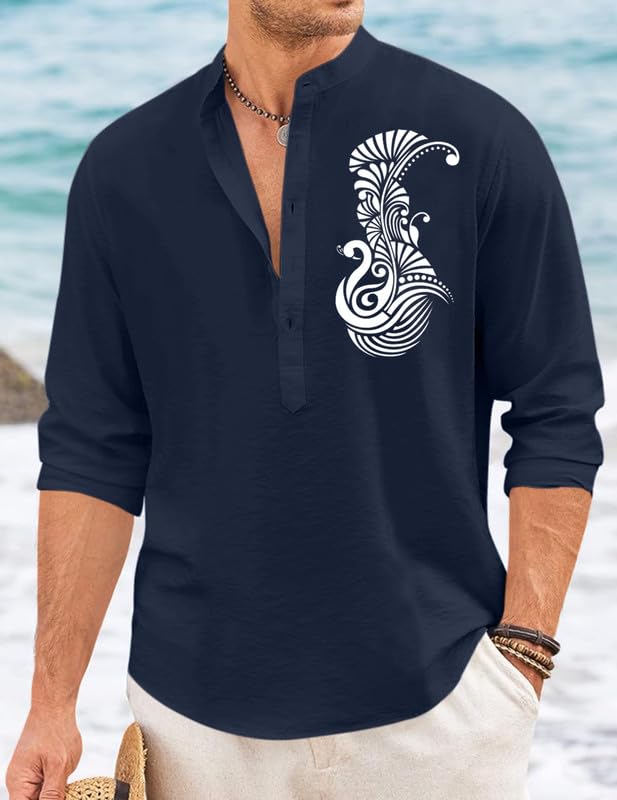 Image of FINIVO FASHION Men's Printed Cotton Blend Short Kurta with Artistic Chest Design | Stylish Full Sleeve Casual Kurta with Mandarin Collar for Daily, Travel Soft Textured