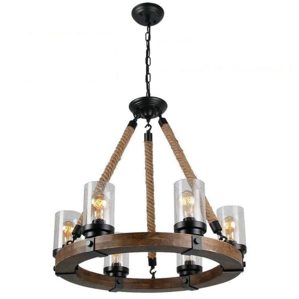 Bloohk One Color 6-Light Wagon Wheel Wood Chandelier, Rustic Farmhouse Industrial Pendant Light With Hemp Rope & Glass Shades, Vintage Hanging Fixture For Dining Room, Kitchen