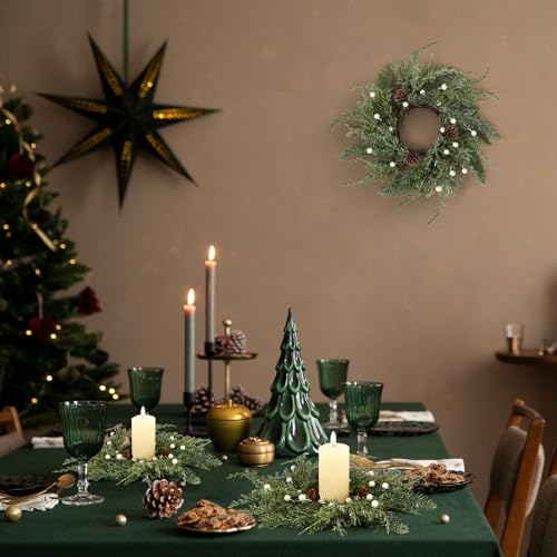 Image of 24 PCS Christmas Wreath Candle Rings Mini Wreath Pine Garland Artificial Frosted Cedar and Pine Cone Candle Rings Holder for Christmas Wedding Home Table Centerpiece Door Window Chair Wall