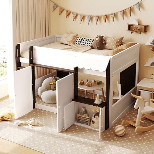 Image of Full House Loft Bed with Playhouse & Storage, Modern Wood Cabin Bed for Kids /Teens (Espresso+White)