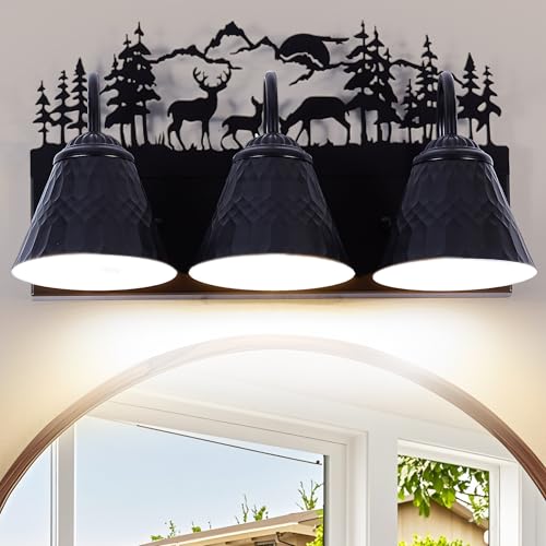 Image of Rustic 3-Light Black Vanity Light Fixtures with Deer Design, E12 Base Farmhouse Bathroom Lighting for Mirror, Cabinet, or Dressing Table (Small, Bulb Not Included)