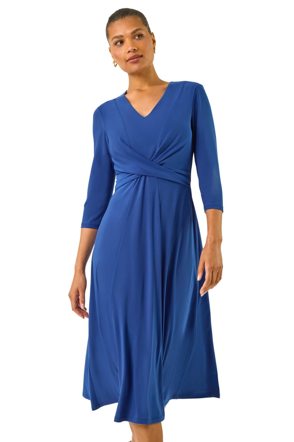 Roman Women's Stretch Crossover Midi Dress in Royal | Size: 16
