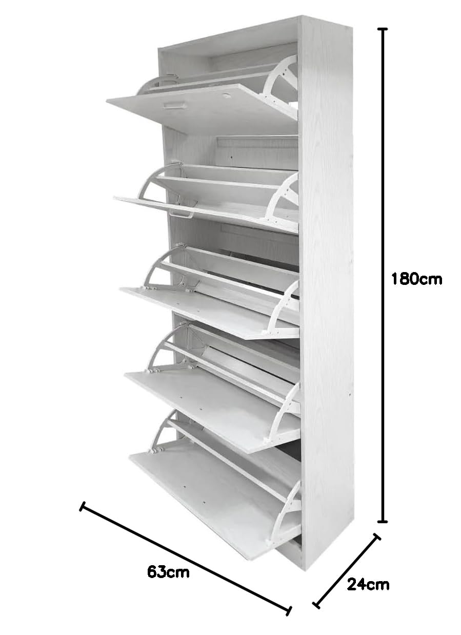 Bissolo Casa Scarpiera Salvaspazio Slim a 5 Ribalte in Rovere Sbiancato 63x24x180 cm, Armadio Scarpiera Alto e Stretto in Laminato, Mobile Ingresso per Casa e Cucina