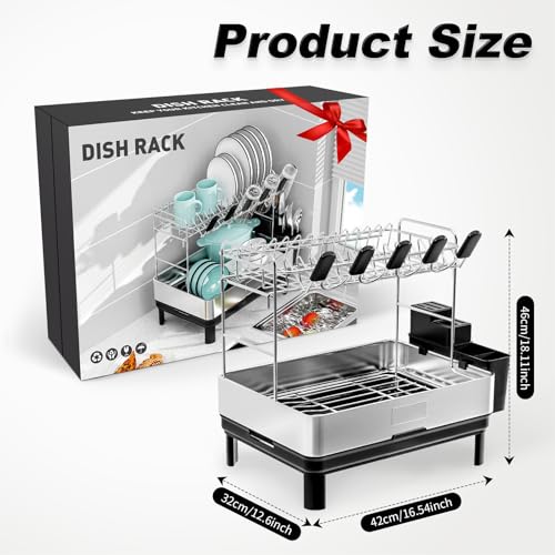 Image of Ewaiira Dish Drying Rack, 2 Tier Large Dish Rack, Stainless Steel Dish Drainer for Kitchen Counter, Dishes Rack with Automatic Drainage, Utensil Holder,Cups Holder,Space Saving Kitchen Organizer,Black