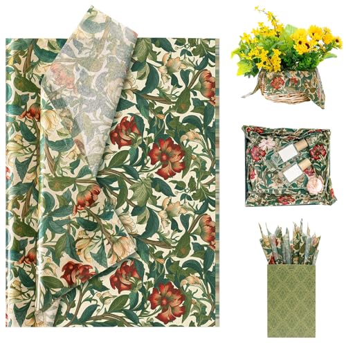 Larcenciel 60 Sheets Vintage Floral Tissue Paper, Elegant Botanical Flower Gift Tissue Paper for Gift Bags Crafts Wrapping Presents, Watercolor Red Green Packaging for Birthday Wedding Holiday,20x14in by Larcenciel - Used condition - US$7.65