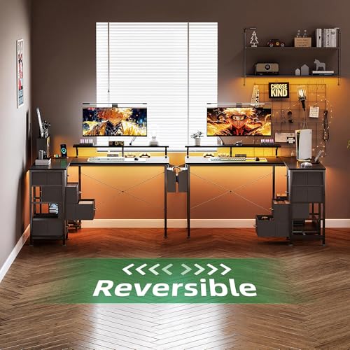 Image of VERMESS 47 inch Reversible L Shaped Gaming Computer Desk, Corner Desk with Power Outlets & Monitor Stand, Writing Study Table with 4 Storage Drawers, Desk with LED Lights, Black