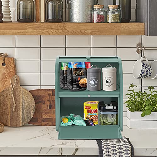 Pitmoly Stainless Steel Bread Box, 2 Layer Roll Top Bread Boxes, Large Capacity Food Storage Container For Kitchen Counter, Metal Bread Bin, Bread Holder For Countertop 11.8" X 9.6" X 12.8" (Green) #TOP6