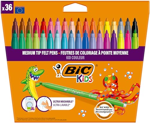 BIC Kids Kid Couleur, Rotuladores Lavables para Niños, Punta Media, Colores Surtidos. Ideales para Actividades Creativas. Estuche de 36 Rotuladores.
