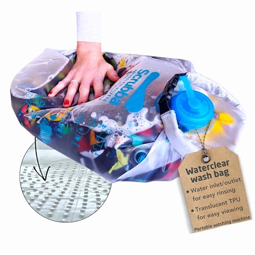 Scrubba WATERCLEAR Wash Bag - Patented Washboard-in-a-Bag Portable Manual Washing Machine for Travel Camping Backpacking & Cruise - Larger Water Inlet/Outlet for Easy Rinsing - (6.9 oz)