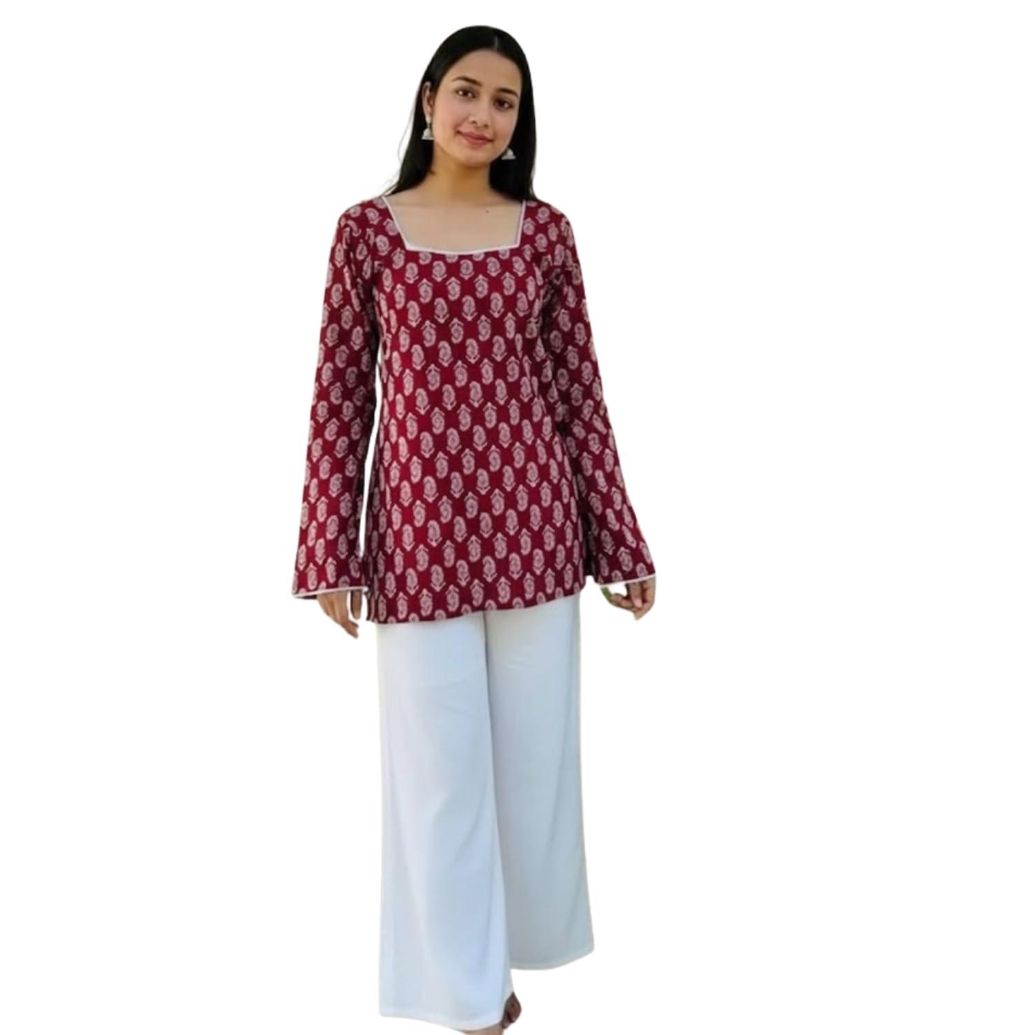 Women Red Floral Print Rayon Short Kurti Square Neck Bell Sleeve Ethnic Top Casual Stylish Kurti for Women Soft Comfortable Tunic for Office, College-picture-46