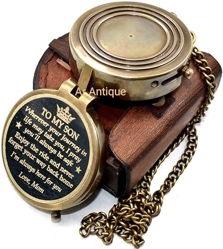 Brújula de Bolsillo Vintage de Latón para Regalo a Hijo de Mamá | Grabada 'To My Son, Love Mom' con Estuche de Cuero | Regalo Significativo para Cumpleaños, Graduación y Boda miniatura 2