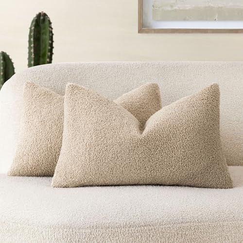 Image of Foindtower Pack of 2, Curly Faux Fur Decorative Throw Pillow Covers Soft Fuzzy Plush Cushion Case with Zipper Cozy Pillowcase for Home Living Room Couch Bed Sofa 12 x 20 Inch,Taupe Khaki Camel