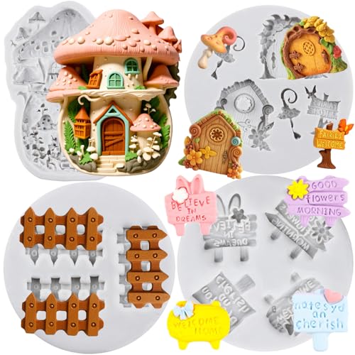 Sijiangmold Jardines de hadas moldes de silicona para casas de hongos, fondant, puertas, ventanas, vallas de listones, moldes para decoración de pasteles, chocolate, cupcakes, dulces, arcilla