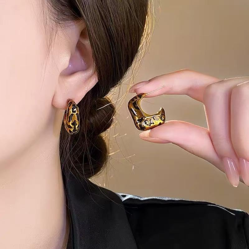 Chunky Leopard Print Open Hoop Statement Earrings for Women Gold-Tone Boho Trendy Black Enamel Vintage Tortoise Shell Thick Drop Dangle Sterling Silver Post Stud Retro Fashion Jewelry Gifts for Her - Image 2