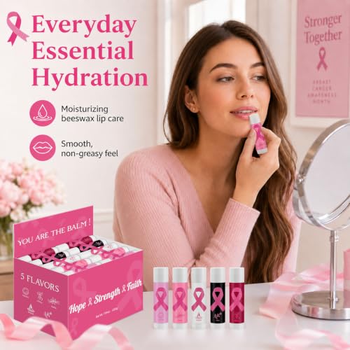 Image of 50 Pack Breast Cancer Awareness Moisturizing Lip Balms Bulk Thank You Gifts Pink Ribbon Party Favors Month You Are The Balm Beeswax 5 Flavors Giveaways Events Supplies Moisture for Women