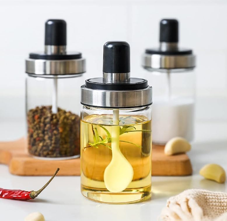 Image of Glass Spice Jar Set with Spoon and Airtight Lid Seasoning Container for Salt Sugar Pepper Coffee Tea Herbs Masala Storage Kitchen Organizer Pack of 2