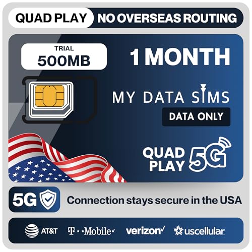 Quad Play 500 MB / 30 Days USA Based IOT SIM Card for Security Camera, Solar & Hunting Trail Game Cameras, Data Only USA SIM, 4G/5G on AT&T, T-Mobile, Verizon & US Cellular, Triple Cut 3-in-1